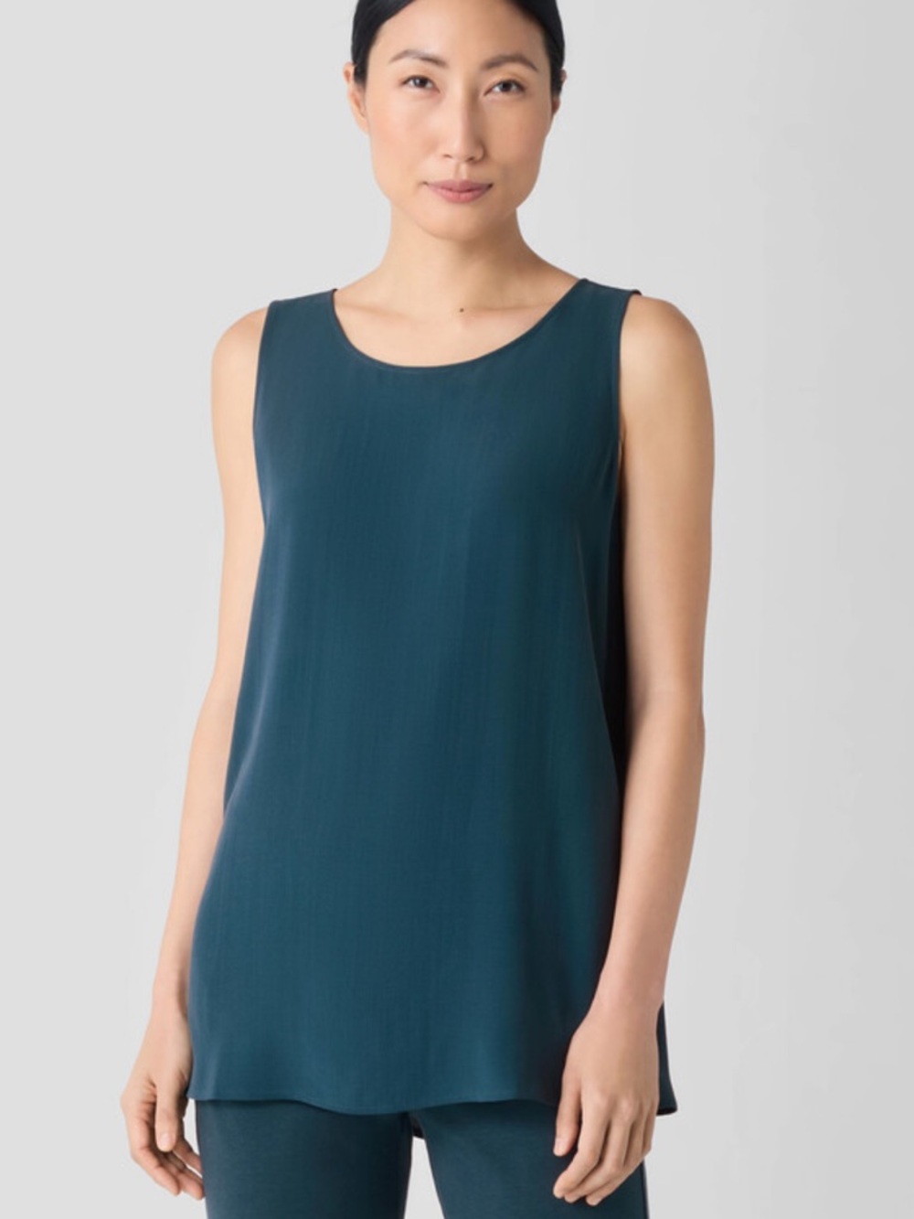 Eileen Fisher 100% Silk Georgette Crepe Ballet Neck Long Tank